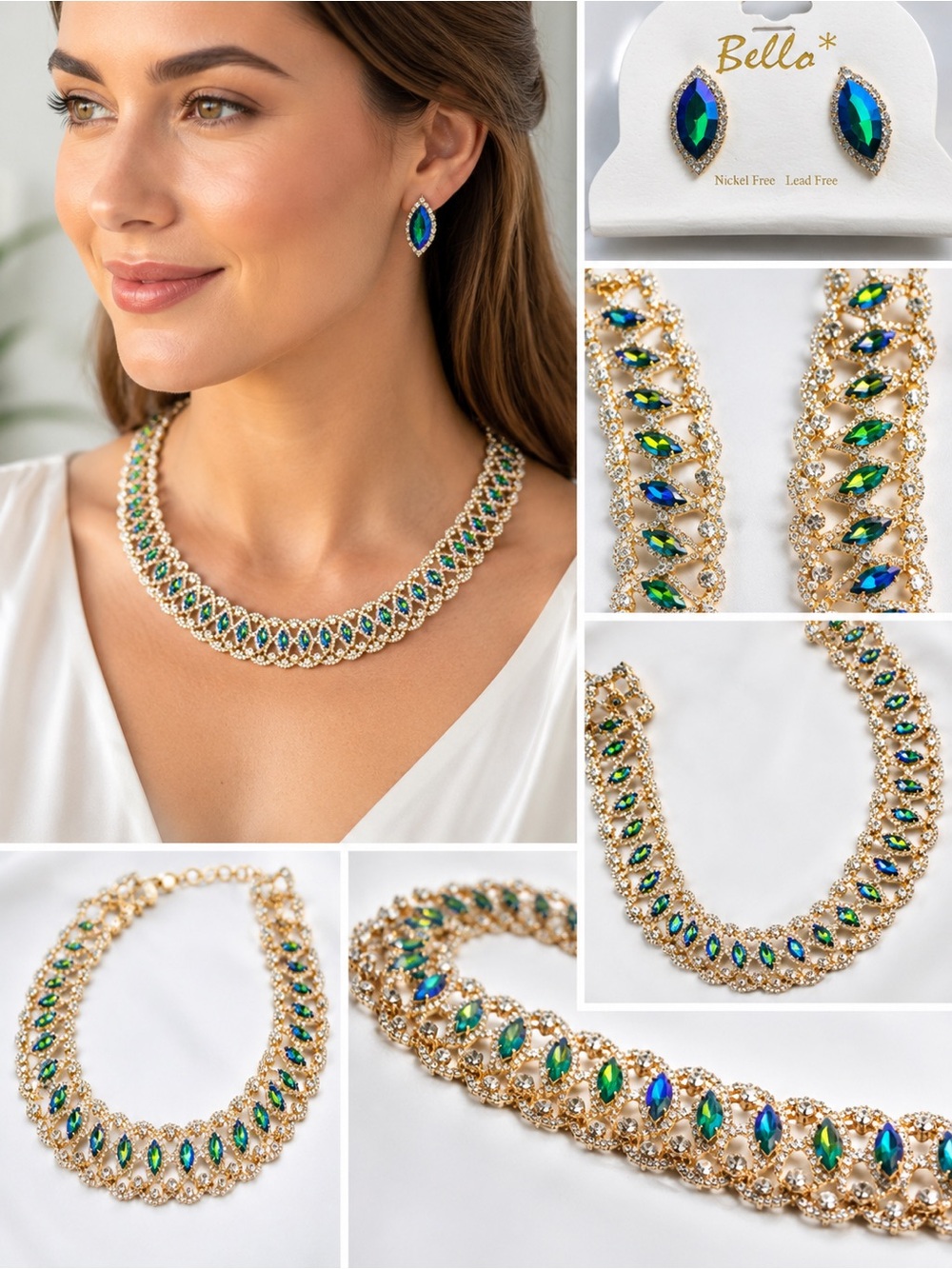 Emerald aura crystal necklace earrings set iridescent rhinestone jewelry